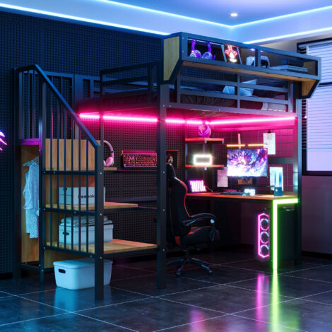 Lit métallique 90×200 cm. Bureau, étagères, rangement, rampe sécurité, LED, prise électrique. Noir. (1/5)