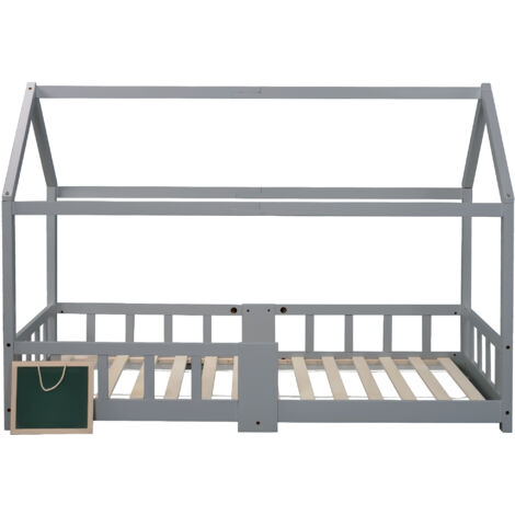 Lit de bébé ou lit de chambre de 90 x 200 cm. Lit en bois pour la chambre des enfants. Inclut les planches de soutien du lit. Fabriqué en bois de pin gris. Pas de matelas fourni. (1/5)