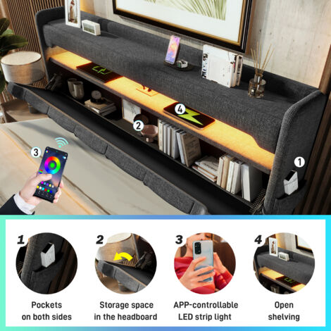 Lit doublette 90×200 cm, rangement supérieur, ports USB/Type‑C, LED sommet et pieds, rangement hydraulique, lin gris, avec matelas. (1/5)