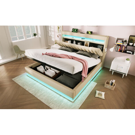 Lit double 140x190 cm. Rangement sommet USB/Type-C, LED extrémités, hydraulique. Lin beige (sans matelas). (1/5)