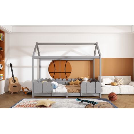 Lit de maison de 90x200 cm – Lit en bois très pratique, adapté aux enfants des deux sexes. Il est équipé d’un système de protection contre les chutes et d’un sommier en planches. Couleur grise (sans m (1/5)