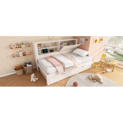 Canapé-lit individuel 90×200 cm, convertible 90×190 cm. Structure blanche, compartiments ouverts, USB/USB-C. Matelas bois, sans matelas. (1/5)