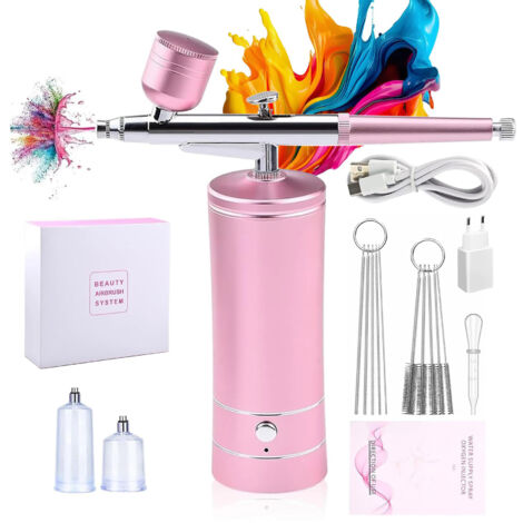Kit aérographe rechargeable, kit aérographe sans fil avec compresseur pour décoration de gâteaux, nail art, tatouage et maquillage, rose (1/5)