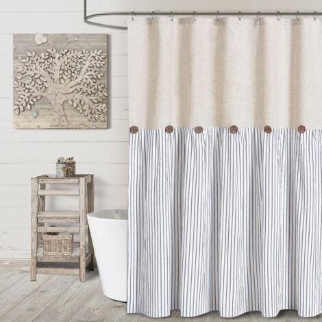 Rideau de douche en lin bleu avec boutons, rideau à boutons, style champêtre (183 cm de long x 183 cm de large) (1/5)