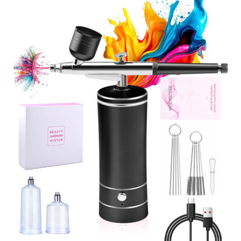 Kit aérographe sans fil avec buse de 0,3 mm et brosse de nettoyage pour graffitis, tatouages, ongles, maquillage et décoration de gâteaux (noir) (1/5)