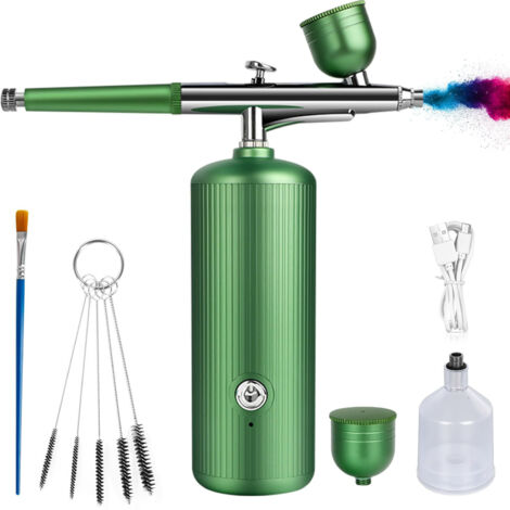 Kit aérographe, buse de 0,3 mm, rechargeable, idéal pour l'hydratation de la peau, le nail art, le tatouage, la peinture, maquillage et gâteaux, vert (1/5)