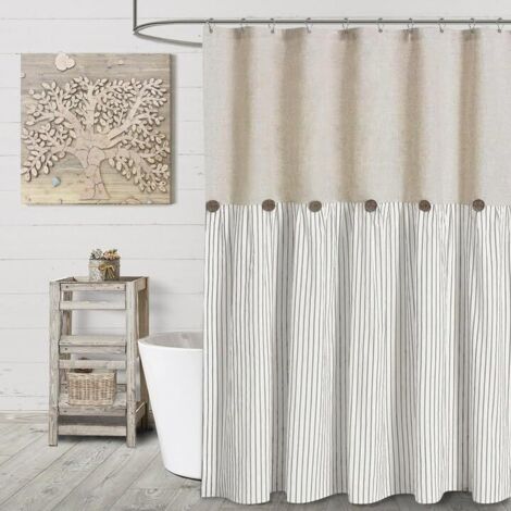 Rideau de douche à boutons style campagnard, rideau de douche en lin et polyester, rideau de douche style campagnard avec œillets, 183 x 183 cm (gris) (1/5)