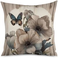 Housse de coussin imprimé bois blanc et fleurs champêtres