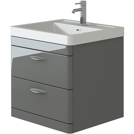 VeeBath Cyrenne Grey Wall Mounted Bathroom Vanity Basin Sink Cabinet - 600mm