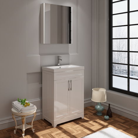 VeeBath Carlton White Vanity Basin Unit & Mirror Cabinet Furniture Set - 600mm