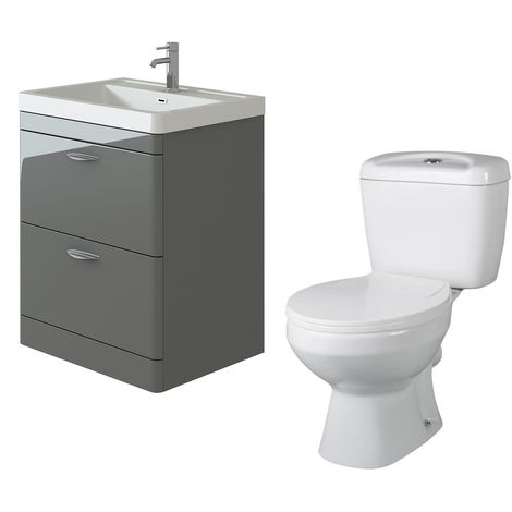 VeeBath Cyrenne Grey Floor Standing 700mm Vanity Basin Unit & Base Toilet Set