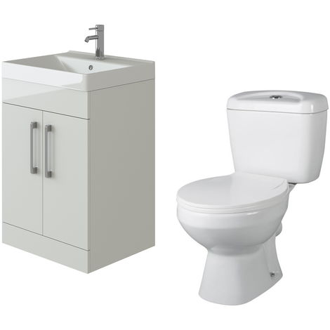 VeeBath Lumin White Gloss 600mm Floor Vanity Basin Cabinet & Base Toilet Set