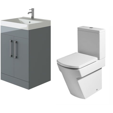 VeeBath Lumin Grey Gloss 600mm Floor Vanity Basin Cabinet & Elstra Toilet Set