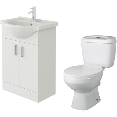 VeeBath Linx 550mm White Gloss Floor Vanity Basin Cabinet & Base Toilet Set