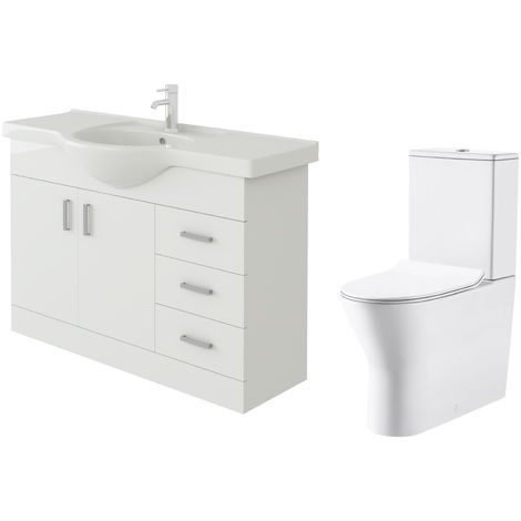 Mixer Tap & Base Close Coupled Toilet White Gloss Floor Standing Bathroom Set VeeBath Linx 1050mm Vanity Basin Unit 