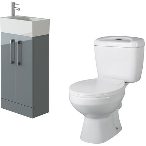 VeeBath Lumin Grey Gloss Cloakroom Floor Vanity Basin Unit & Base Toilet Set