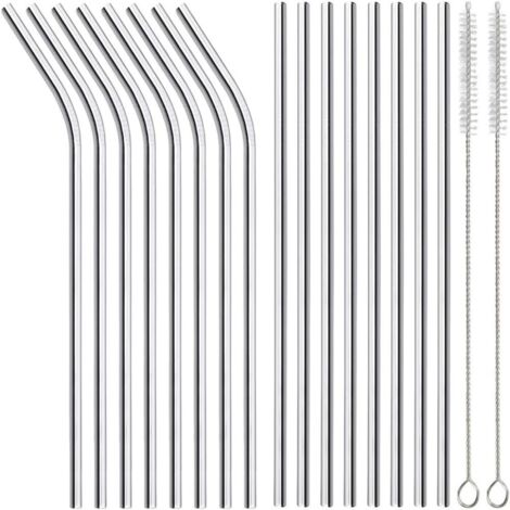 Set mit 18 wiederverwendbaren Metallstrohhalmen – Edelstahlstrohhalme für Smoothies und Cocktails – 8 gerade + 8 gebogene Strohhalme – inklusive 2 Reinigungsbürsten – Silber (1/5)