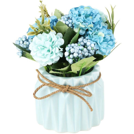 Strauß künstlicher blauer Blumen im Topf, Hortensien mit Vase, zur Tischdekoration. (1/5)