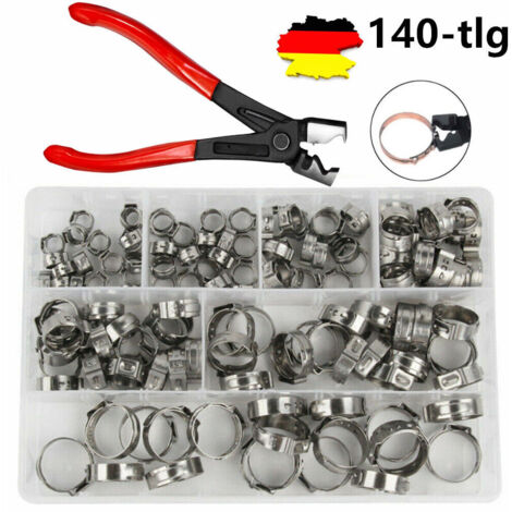 140Tlg 1 Ohr Schlauchschellen Edelstahl Sortiment Schlauchklemmen Zange Set Satz (1/5)
