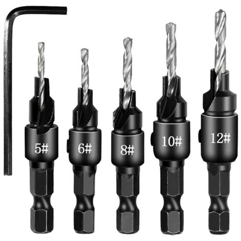 Set mit 5 Senkbohrern aus Werkzeugstahl, austauschbare Bohrer, Senkbohrer für die Holzbearbeitung, mit Sechskantschlüssel (silber) (1/5)