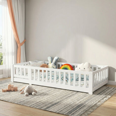 Letto per Bambini 120x200cm,Letto Montessori con Sponde e Cancelletto,Letto da Terra,Letto Singolo per Bambini e Ragazzi,Rete a Doghe,Bianco