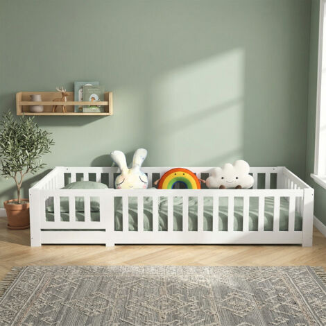 Letto per Bambini 90x190cm,Letto Montessori con Sponde e Cancelletto,Letto da Terra,Letto Singolo per Bambini e Ragazzi,Rete a Doghe,Bianco