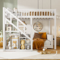 Letto a soppalco 90x200cm,letto bambini con scala,Scale con spazio di stoccaggio,letto per adulti per adolescenti,legno massello, bianco