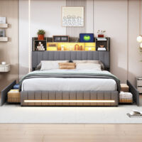 Letto con cassetti 140x190cm,Letto matrimoniale 140x190cm con illuminazione LED e USB,Letto per adulti,lino, Grigio
