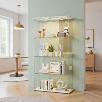 Vetrinetta in Vetro,Vetrinetta Espositiva LED RGB a 7colori,Vetrina Soggiorno Moderna con 4 Ripiani in Vetro con 2Porta e Serratura,Vetrine per Collezionismo,164x80.5×36.5cm,Bianco