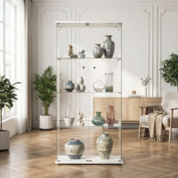 Vetrinetta in Vetro,Vetrinetta Espositiva,Vetrina Soggiorno Moderna con 4 Ripiani in Vetro con 2Porta e Serratura,Vetrine per Collezionismo,164x80.5×36.5cm,Bianco
