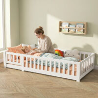Letto per Bambini 90x200cm,Letto Montessori con Sponde e Cancelletto,Letto da Terra,Letto Singolo per Bambini e Ragazzi,Rete a Doghe,Bianco