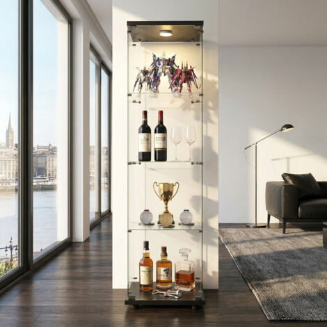 JOOKGBD-Vitrina de Cristal 42x36x164 cm con LED, Vitrina para Colecciones con 1 Puerta y 4 Estantes en Vidrio Transparente, Mueble Expositor para Colecciones, Negro