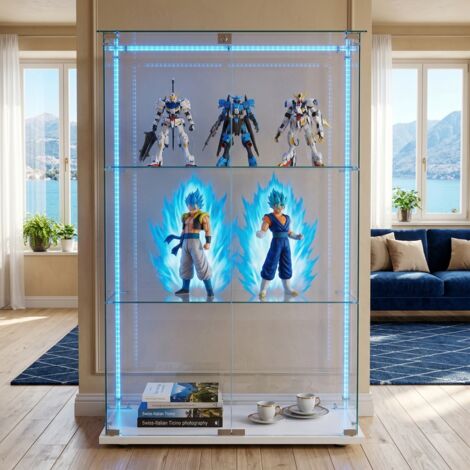 JOOKGBD-Vitrina de Cristal 123x78,5x35 cm con LED, Vitrina para Colecciones con 2 Puertas y 3 Estantes en Vidrio Transparente, Mueble Expositor para Colecciones, Blanco