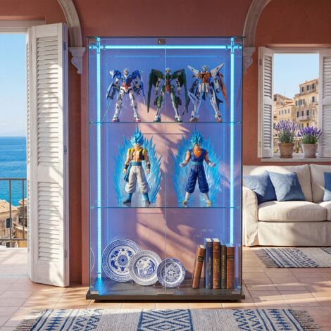 JOOKGBD-Vitrina de Cristal 123x78,5x35 cm con LED, Vitrina para Colecciones con 2 Puertas y 3 Estantes en Vidrio Transparente, Mueble Expositor para Colecciones, Negro