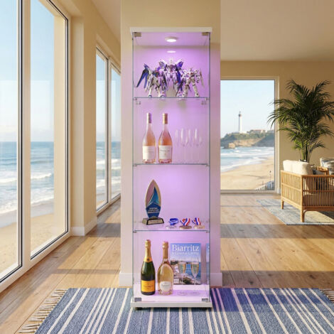 JOOKGBD-Vitrina de Cristal 42x36x164 cm con LED, Vitrina para Colecciones con 1 Puerta y 4 Estantes en Vidrio Transparente, Mueble Expositor para Colecciones, Blanco