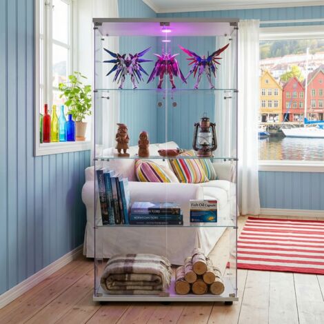 JOOKGBD - Vitrina de Cristal con LED, Vitrina para Colecciones, Armario Vitrina para Colecciones con 2 Puertas y 4 Estantes Transparentes, Mueble de Cristal, Blanco