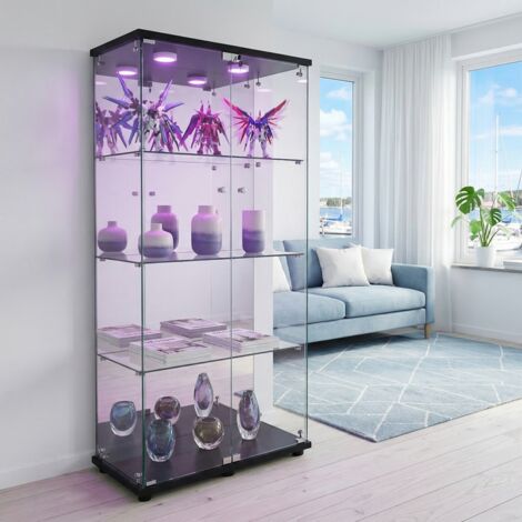 JOOKGBD - Vitrina de Cristal con LED, Vitrina para Colecciones, Armario Vitrina para Colecciones con 2 Puertas y 4 Estantes Transparentes, Efecto Espejo, Mueble de Cristal, Negro