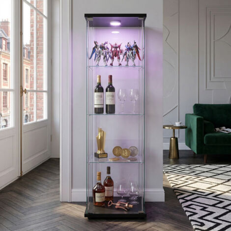 JOOKGBD - Vitrina de Cristal con LED, Vitrina para Colecciones con 1 Puerta y 4 Estantes en Vidrio Templado, Efecto Espejo, Mueble Expositor para Colecciones, Negro