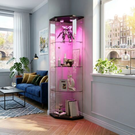 JOOKGBD - Vitrina de Esquina de Cristal con LED, Vitrina para Colecciones, Armario Vitrina para Colecciones con 1 Puerta y 4 Estantes Transparentes, Mueble de Cristal, Negro