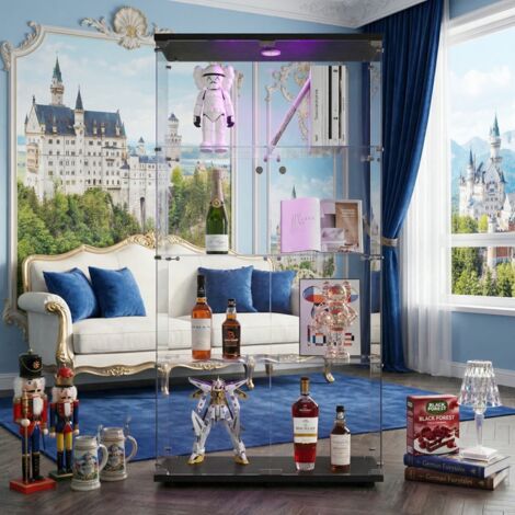 JOOKGBD - Vitrina de Cristal con LED, Vitrina para Colecciones, Armario Vitrina para Colecciones con 2 Puertas y 4 Estantes Transparentes, Mueble de Cristal, Negro