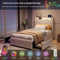 JOOKGBD-Cama Individual 90x200 cm Acolchada con LED, 2 Cajones, USB y Somier de Láminas, Cama Juvenil con Almacenaje, Terciopelo, Beige, Sin Colchón