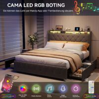 JOOKGBD - Cama Doble 140x200 cm Acolchada con LED, 2 Cajones, USB y Somier de Láminas, Cama Juvenil con Almacenaje, Terciopelo, Gris, Sin Colchón