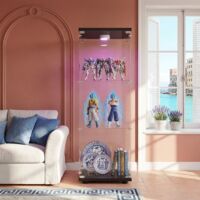 JOOKGBD-Vitrina de Cristal 42x36x125 cm con LED, Vitrina para Colecciones con 1 Puerta y 3 Estantes en Vidrio Transparente, Mueble Expositor para Colecciones, Negro