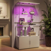 JOOKGBD-Vitrina de Cristal con LED, Vitrina para Colecciones, Armario Vitrina para Colecciones con 4 Puertas y 3 Estantes Transparentes, Mueble de Cristal con Vidrio Templado y Efecto Espejo,Blanco