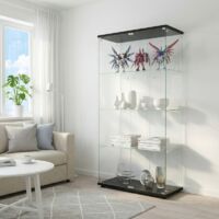 JOOKGBD - Vitrina de Cristal con LED, Vitrina para Colecciones, Armario Vitrina para Colecciones con 2 Puertas y 4 Estantes, Vidrio Templado, Efecto Espejo, Mueble de Cristal, Negro