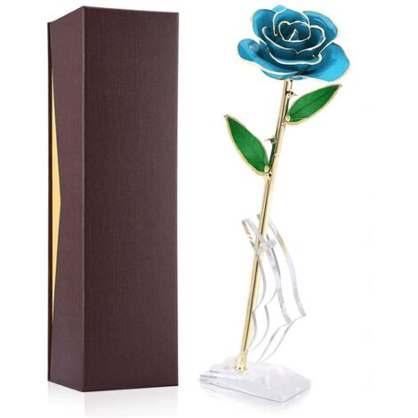 Langstielige Rose, getaucht in 24-karätiges Gold, präsentiert in einer Geschenkbox mit Ständer (Hellblaue Rose mit Ständer) (1/5)