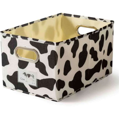 Faltbarer Aufbewahrungskorb aus Kuhfellmuster, Baumwolle und Leinen, mit Tragegriffen, Sichtfenster für Etiketten und Tasche. Waschbar. Ideal als Organizer für Schreibtisch, Kleiderschrank oder Regal. (1/5)