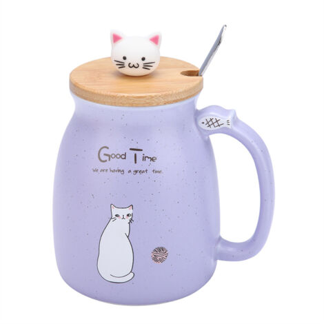 1 Keramikbecher mit niedlicher Katze, Löffel und Deckel, ideal für Kaffee, Wasser oder Milch, als Geschenk (lila). (1/5)