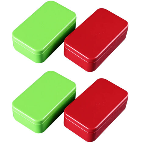 Set aus 4 rechteckigen Metalldosen mit Deckel, ideal zur Aufbewahrung von Tee, Süßigkeiten, Balsam und anderen kleinen Schätzen. Farben: Grün und Rot. (1/5)