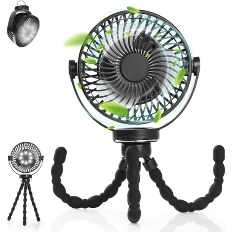 Camping Ventilator Tischventilator, Mini USB Ventilator leise, 5200mAh Akku Ventilator mit LED Licht [Verstellbares Stativ] [3 Geschwindigkeit] [720° Drehung] (1/5)